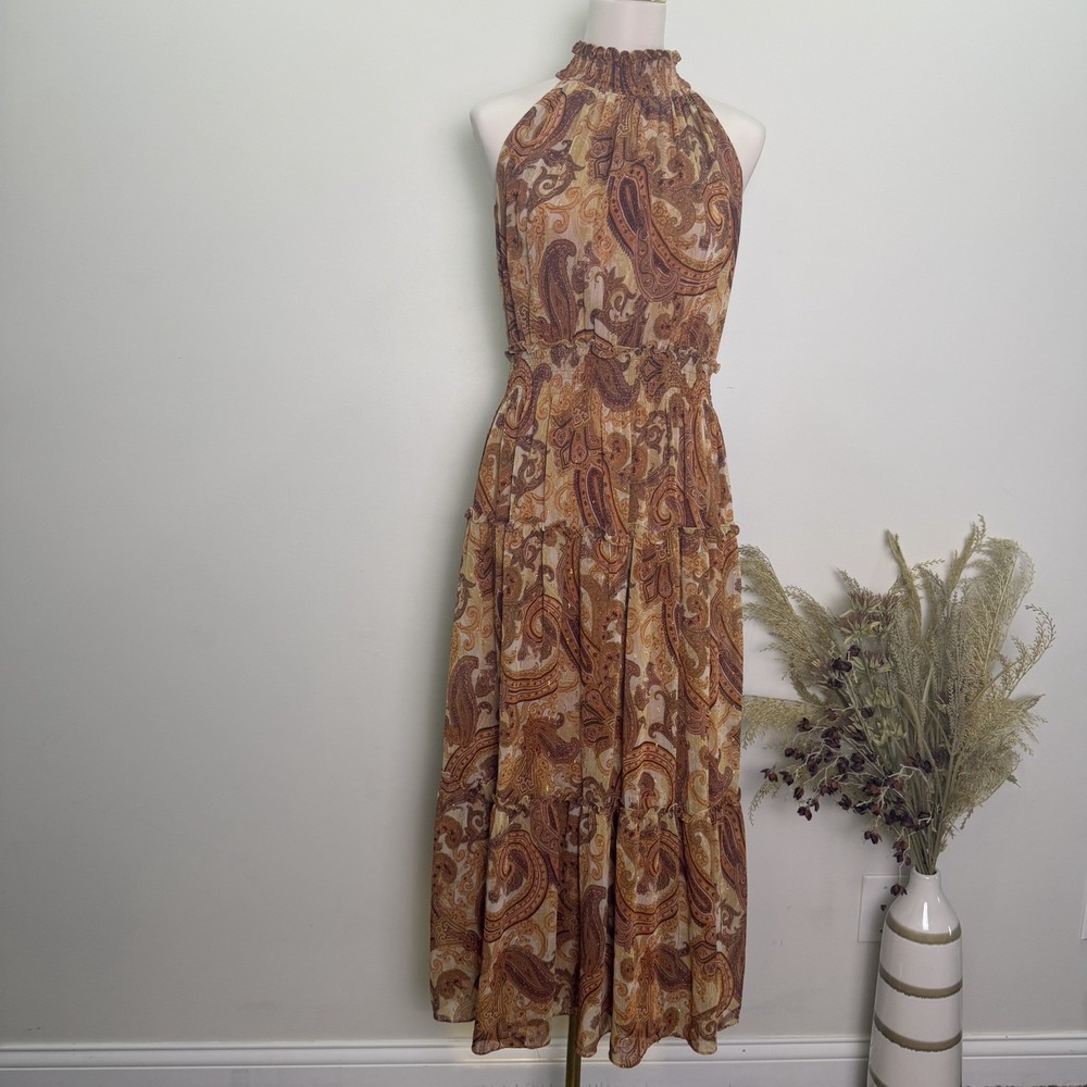 Taylor Boho Paisley Halter Maxi Dress Size 8 Whimsigoth Tiered Metallic Gold